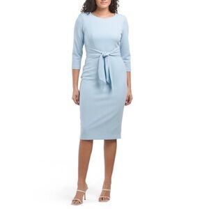 Adrianna Papell Knit Sheath Dress 3/4 Sleeve Tie Front Size 14 Blue